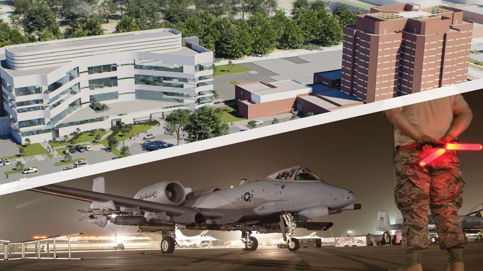 renderings of the new jail project alongside a A-10 at Selfridge Air Base