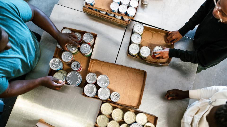 canned food being organized at a food drive