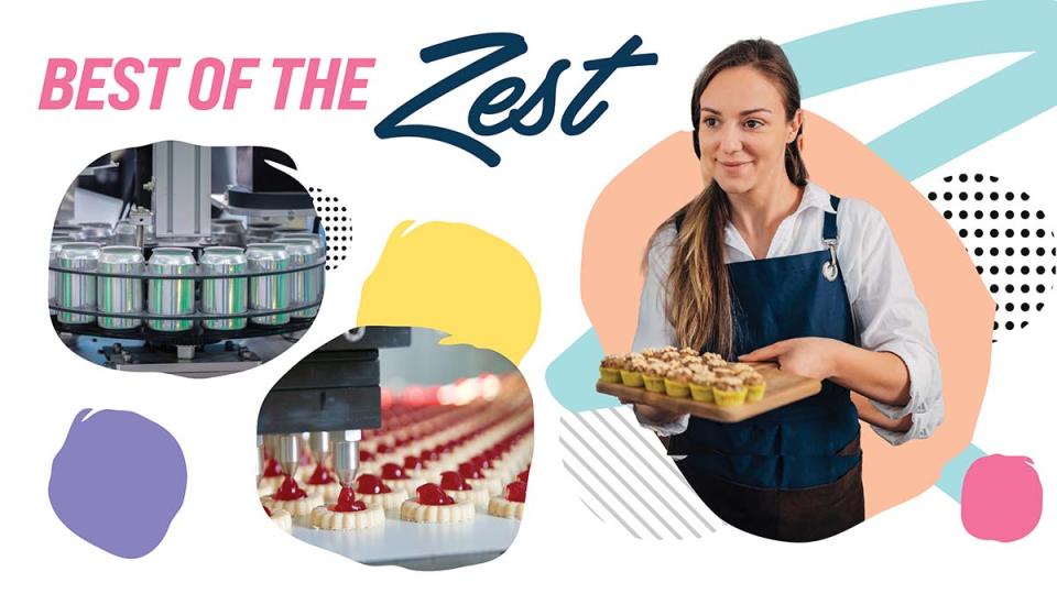 Young woman holding a tray of cupcakes, pop cans in a production line, treats being made, Best of the Zest image