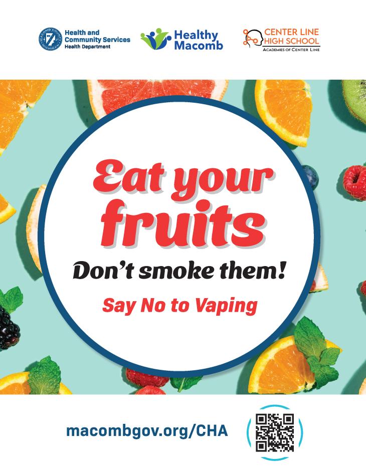 text in a white circle on a blue background with photographs of fruit. Text says "Eat your fruits, Don't smoke them! Say No to Vaping"