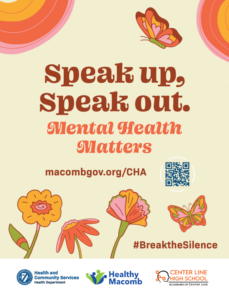 retro 70s graphic background in orange and yellow with flowers and butterfly. Text says "Speak up, Speak out. Mental Health Matters."